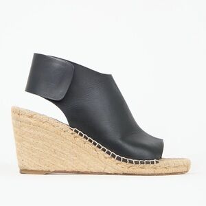 CÉLINE PARIS Black Leather Jute Espadrille Open Toe Heel Wedges sz 38